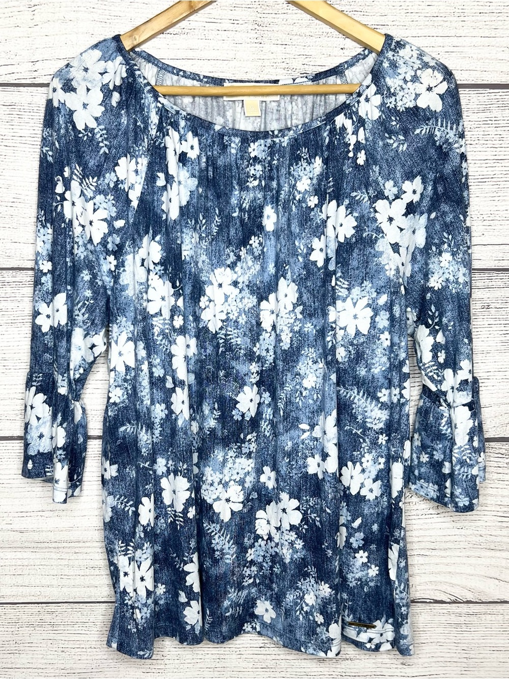 Michael Kors Navy Blue & White Floral Scoop Neck Bell Sleeve Casual Top Size XL